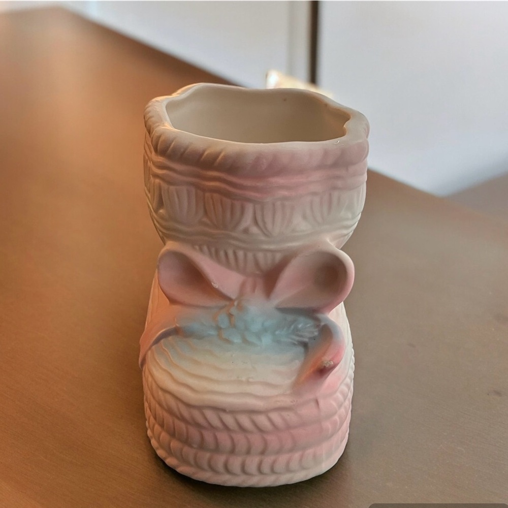 Vintage Rubens Pink and Blue Baby Bootie Planter Bow Flower Non-Glazed 1960s